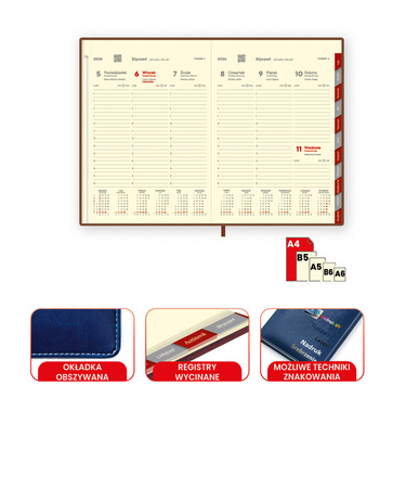 Kalendarz A4 Tygodniowy - registry wycinane | J-KL 306