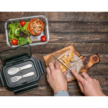 Szklany lunch box ze sztućcami 1000 ml Lagos, czarny | R08444.02